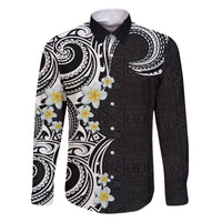Aloha Polynesian Plumeria Flower Family Matching Long Sleeve Bodycon Dress and Hawaiian Shirt Black White Color LT03 Dad's Shirt - Long Sleeve Black - Polynesian Pride