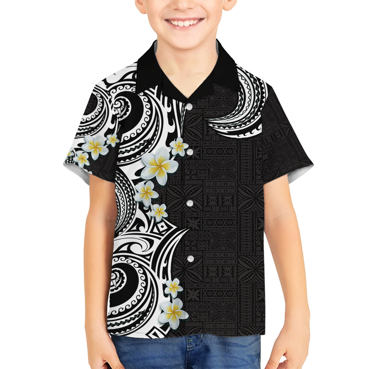 Aloha Polynesian Plumeria Flower Family Matching Long Sleeve Bodycon Dress and Hawaiian Shirt Black White Color LT03 Son's Shirt Black - Polynesian Pride