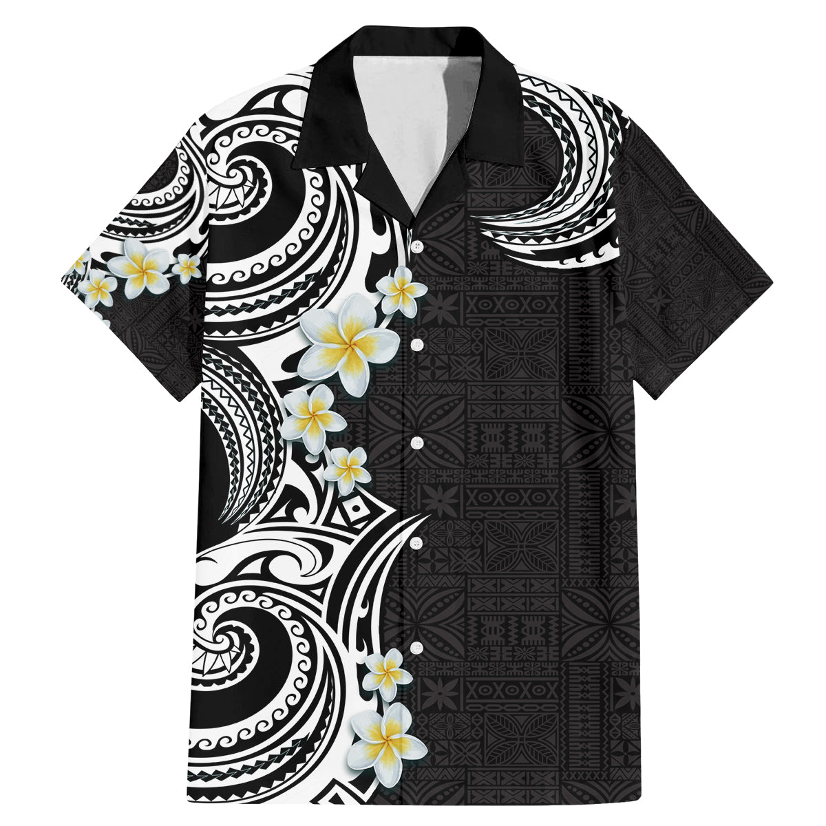 Aloha Polynesian Plumeria Flower Family Matching Mermaid Dress and Hawaiian Shirt Black White Color