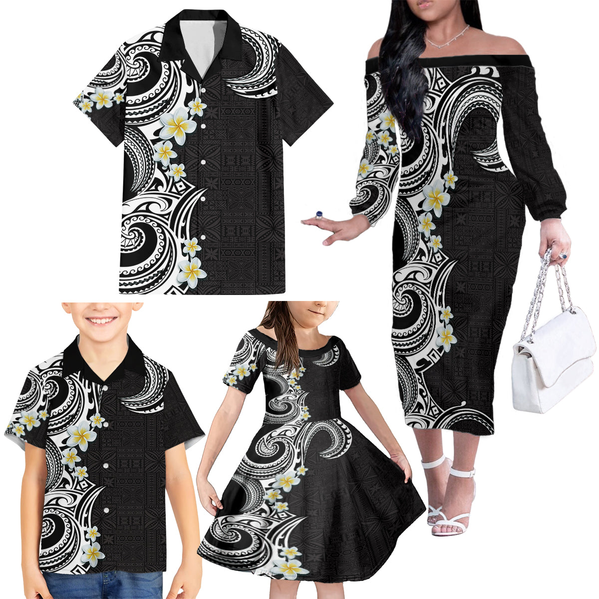 Aloha Polynesian Plumeria Flower Family Matching Off The Shoulder Long Sleeve Dress and Hawaiian Shirt Black White Color LT03 - Polynesian Pride