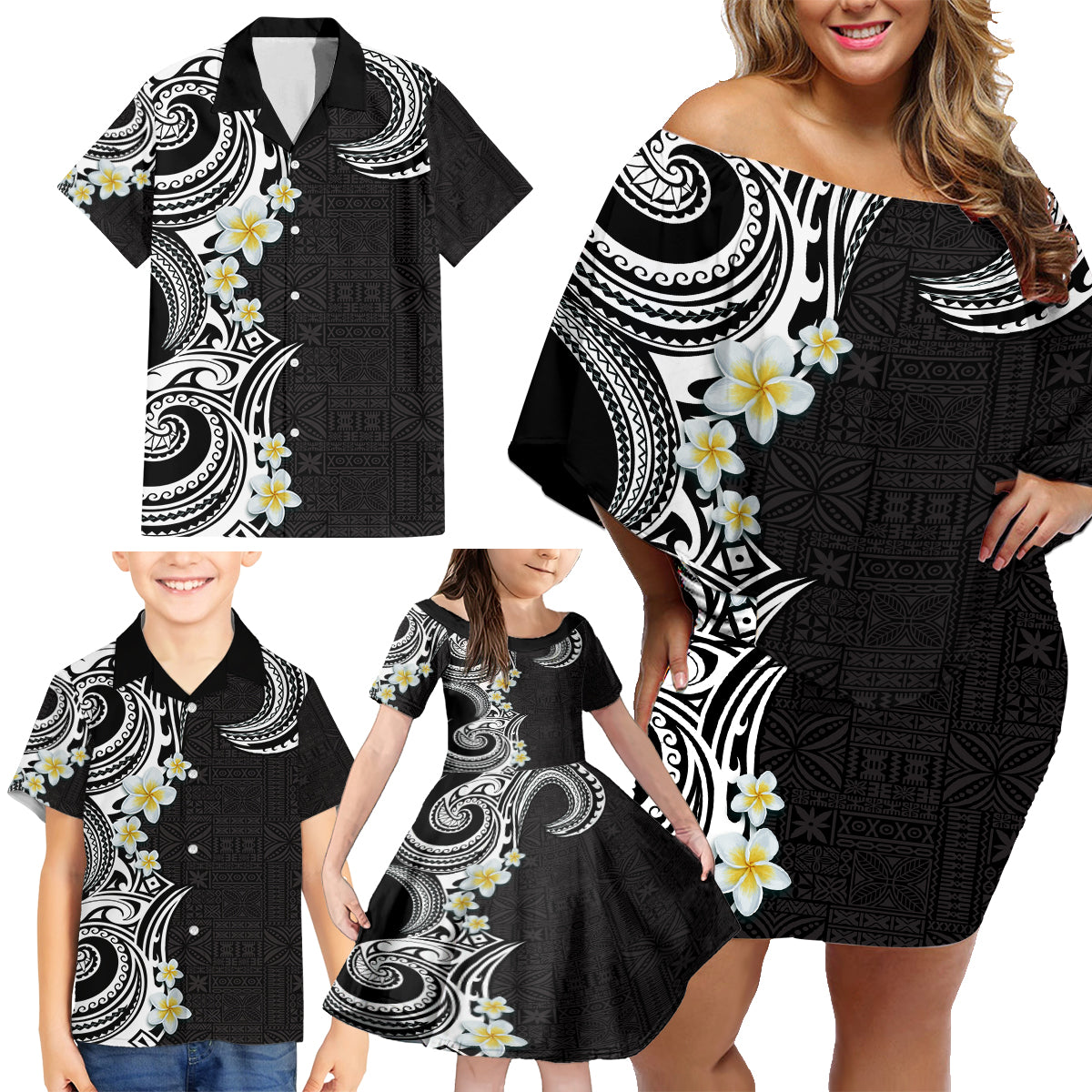 Aloha Polynesian Plumeria Flower Family Matching Off Shoulder Short Dress and Hawaiian Shirt Black White Color