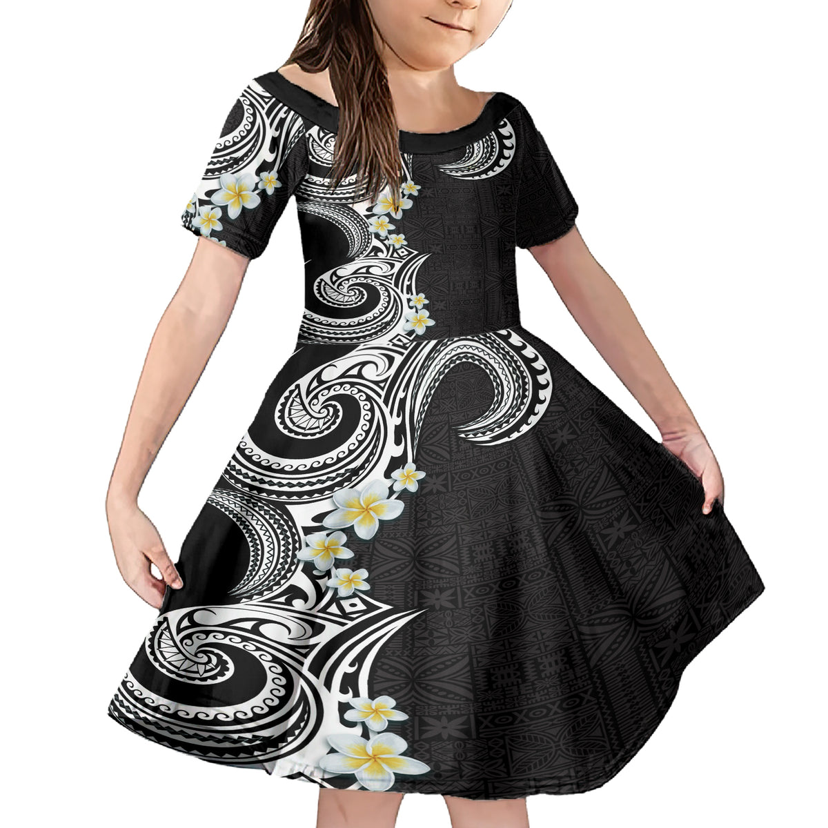 Aloha Polynesian Plumeria Flower Family Matching Short Sleeve Bodycon Dress and Hawaiian Shirt Black White Color LT03 Daughter's Dress Black - Polynesian Pride
