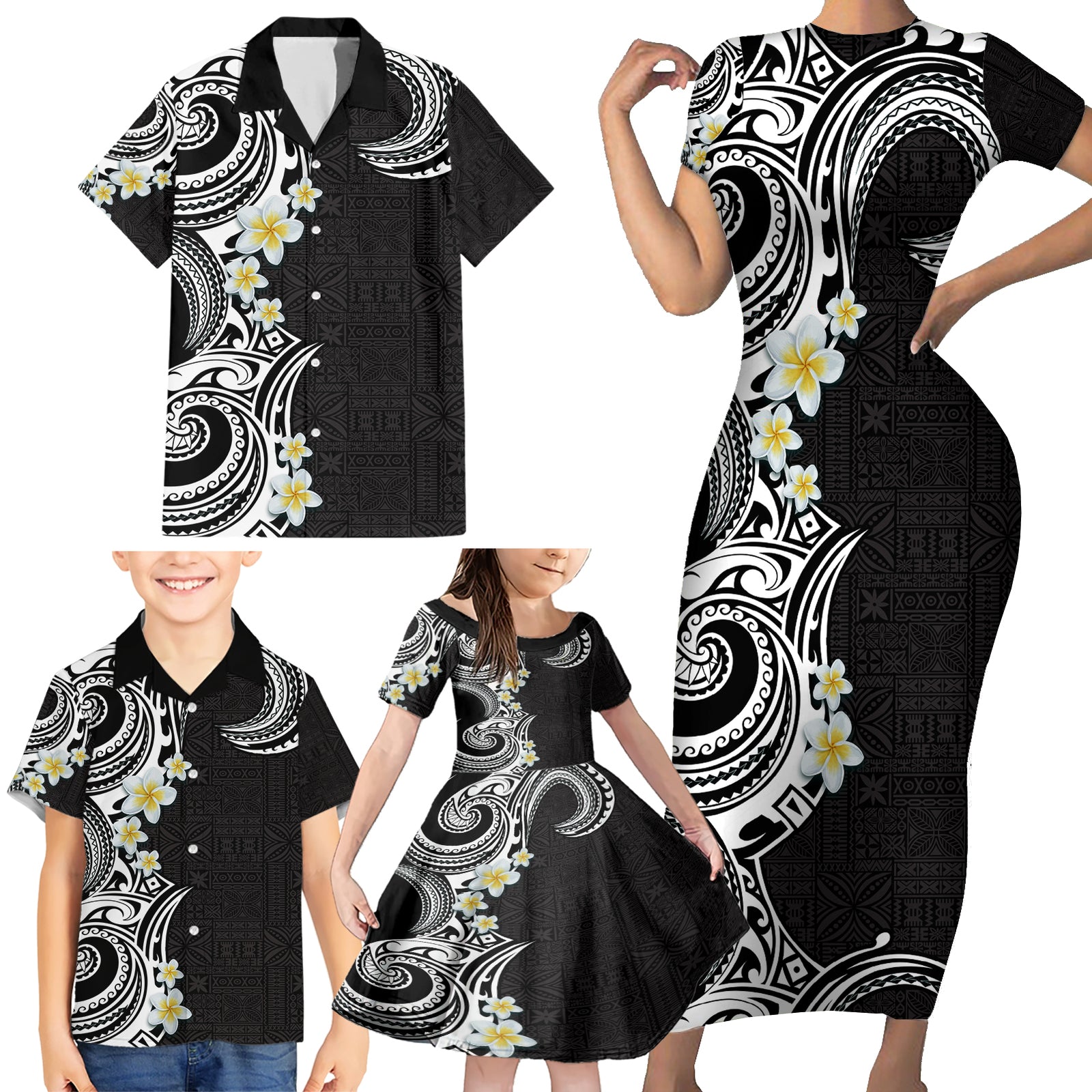 Aloha Polynesian Plumeria Flower Family Matching Short Sleeve Bodycon Dress and Hawaiian Shirt Black White Color LT03 - Polynesian Pride