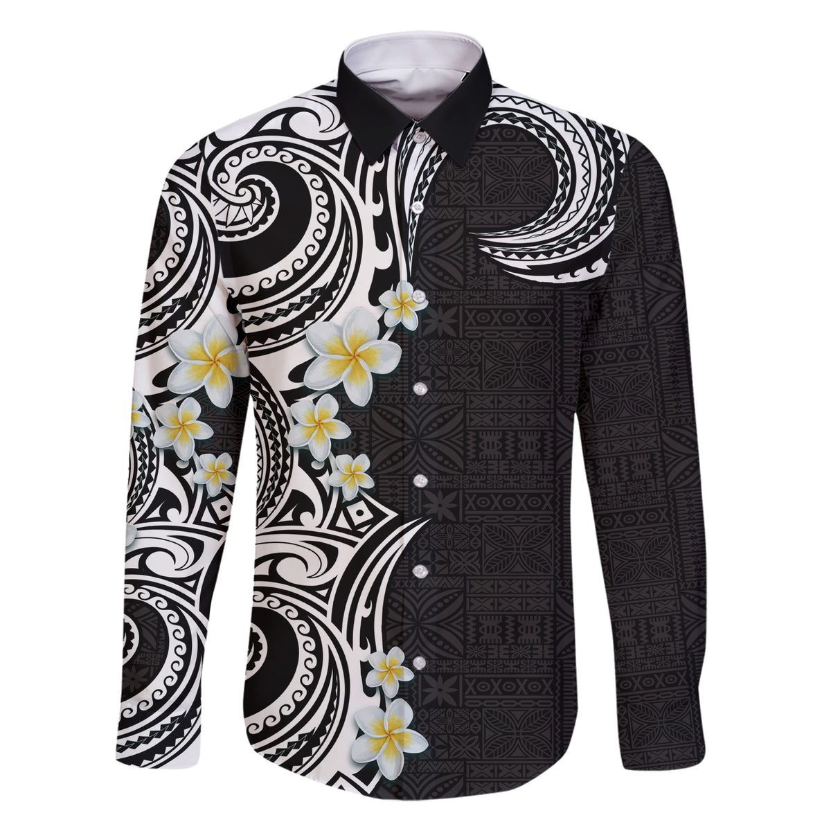 Aloha Polynesian Plumeria Flower Family Matching Short Sleeve Bodycon Dress and Hawaiian Shirt Black White Color LT03 Dad's Shirt - Long Sleeve Black - Polynesian Pride