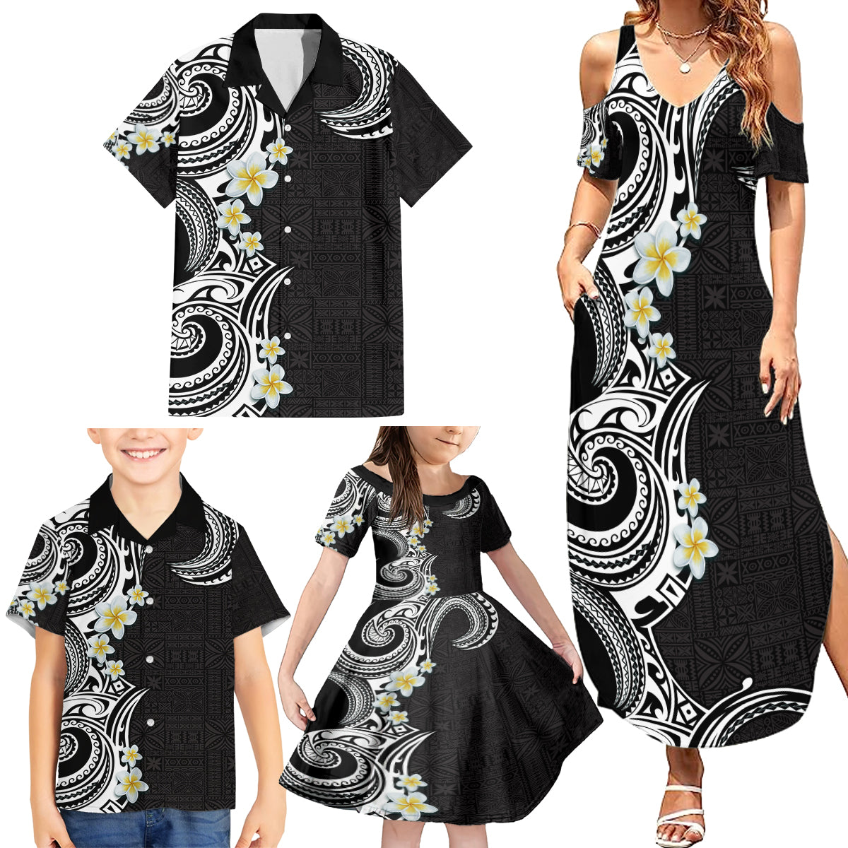 Aloha Polynesian Plumeria Flower Family Matching Summer Maxi Dress and Hawaiian Shirt Black White Color LT03 - Polynesian Pride