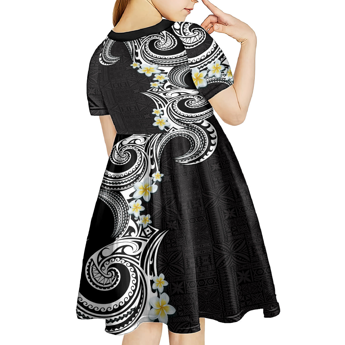 Aloha Polynesian Plumeria Flower Kid Short Sleeve Dress Black White Color LT03 - Polynesian Pride