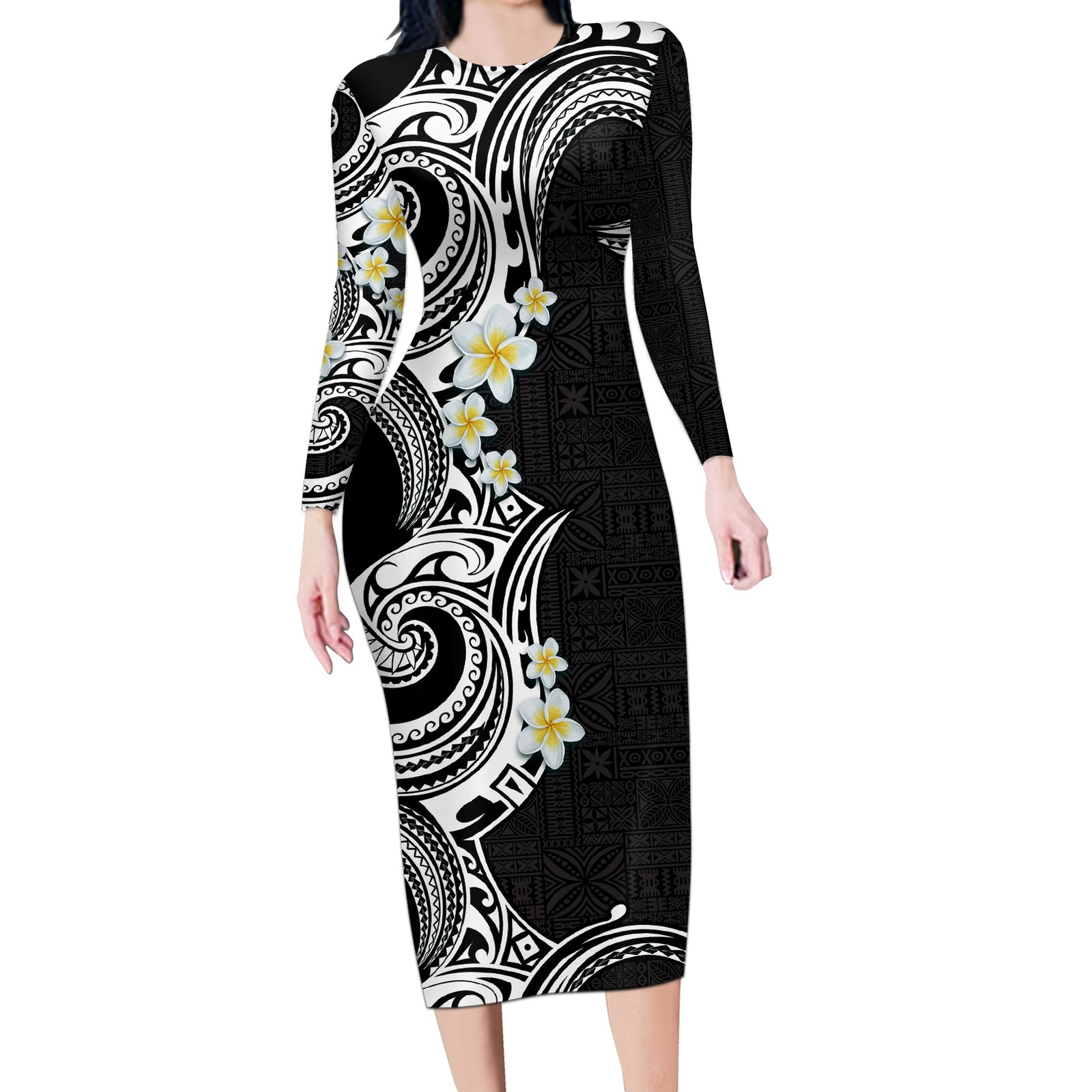 Aloha Polynesian Plumeria Flower Long Sleeve Bodycon Dress Black White Color LT03 Long Dress Black - Polynesian Pride