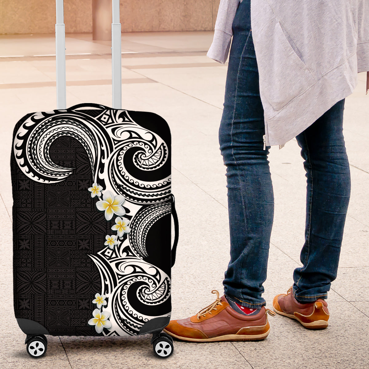 Aloha Polynesian Plumeria Flower Luggage Cover Black White Color LT03 Black - Polynesian Pride