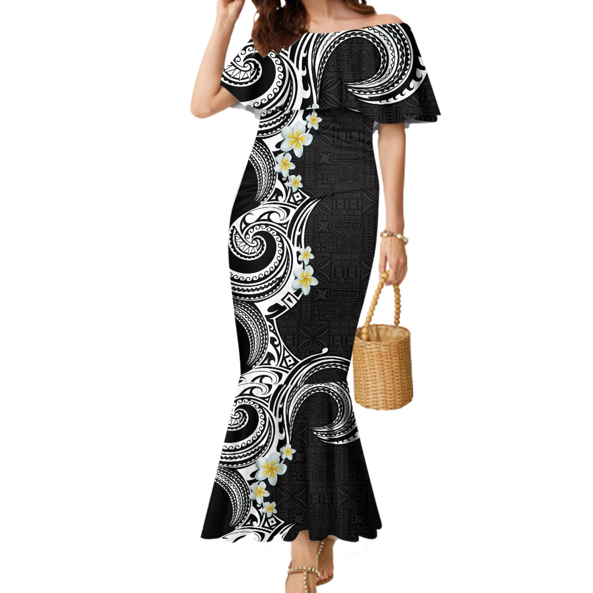 Aloha Polynesian Plumeria Flower Mermaid Dress Black White Color