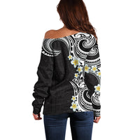 Aloha Polynesian Plumeria Flower Off Shoulder Sweater Black White Color