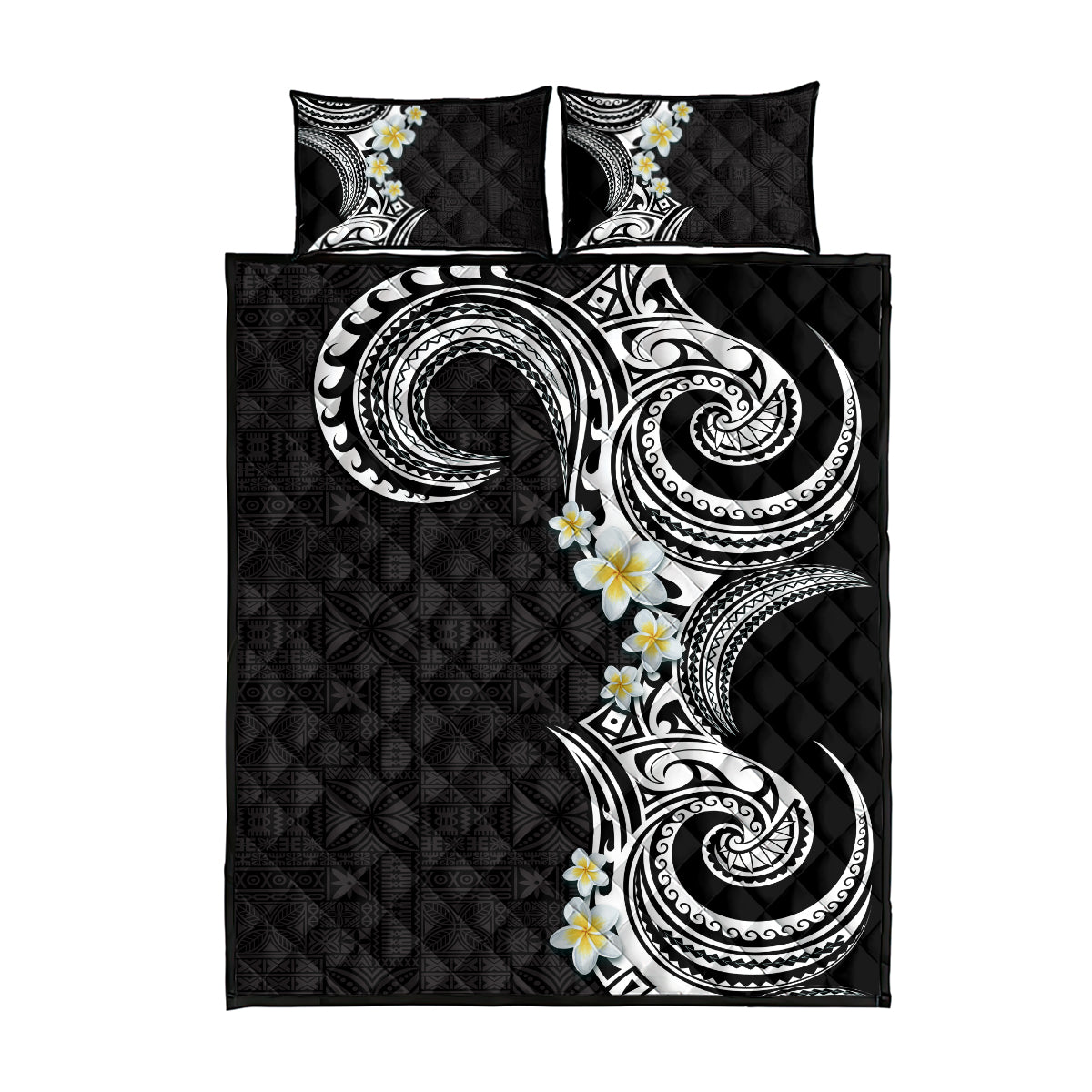 Aloha Polynesian Plumeria Flower Quilt Bed Set Black White Color