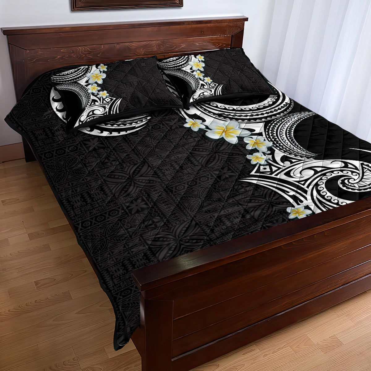 Aloha Polynesian Plumeria Flower Quilt Bed Set Black White Color