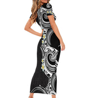 Aloha Polynesian Plumeria Flower Short Sleeve Bodycon Dress Black White Color LT03 - Polynesian Pride
