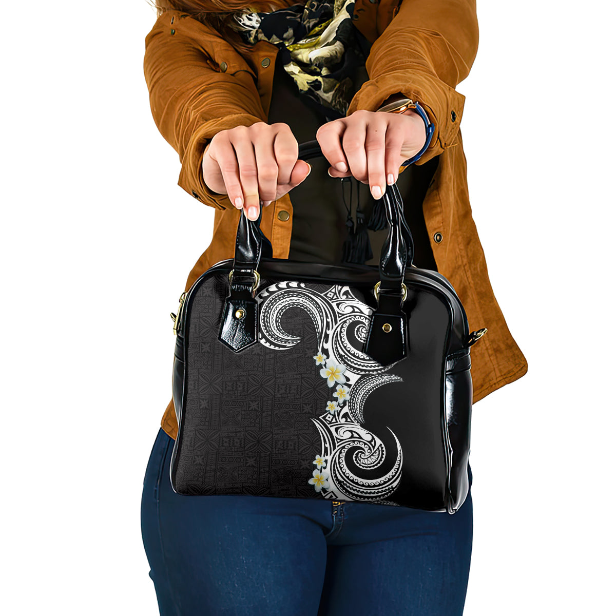 Aloha Polynesian Plumeria Flower Shoulder Handbag Black White Color LT03 One Size Black - Polynesian Pride