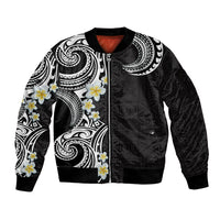 Aloha Polynesian Plumeria Flower Sleeve Zip Bomber Jacket Black White Color