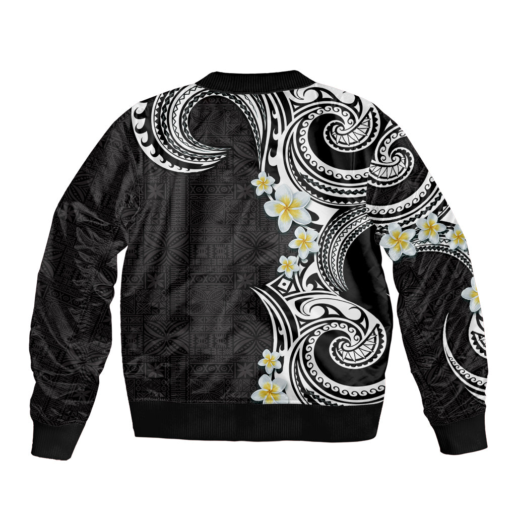 Aloha Polynesian Plumeria Flower Sleeve Zip Bomber Jacket Black White Color