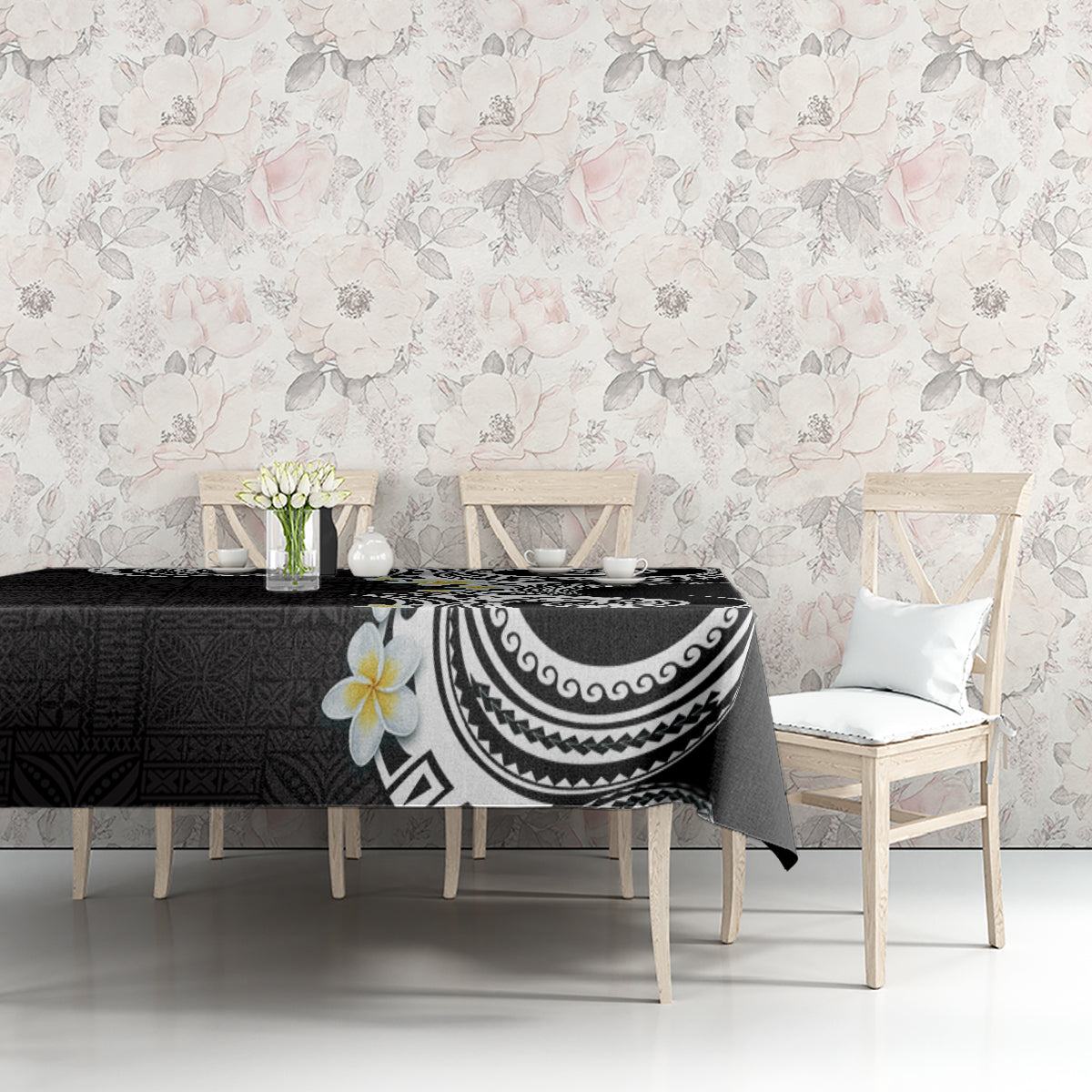 Aloha Polynesian Plumeria Flower Tablecloth Black White Color