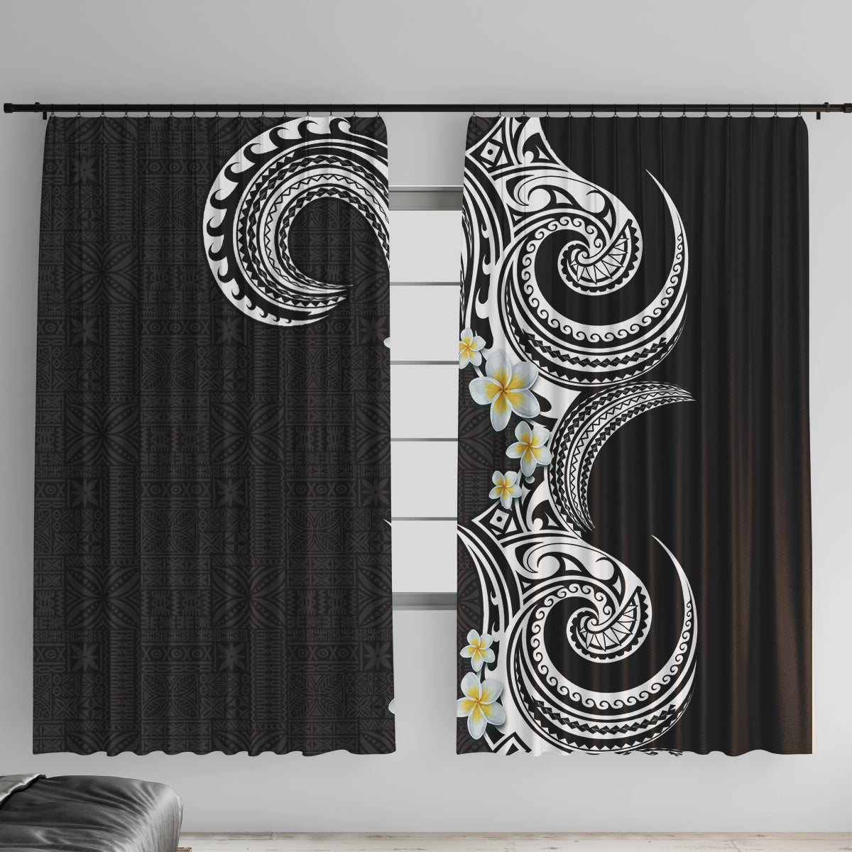 Aloha Polynesian Plumeria Flower Window Curtain Black White Color LT03 With Hooks Black - Polynesian Pride