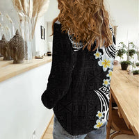 Aloha Polynesian Plumeria Flower Women Casual Shirt Black White Color