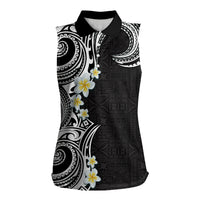 Aloha Polynesian Plumeria Flower Women Sleeveless Polo Shirt Black White Color