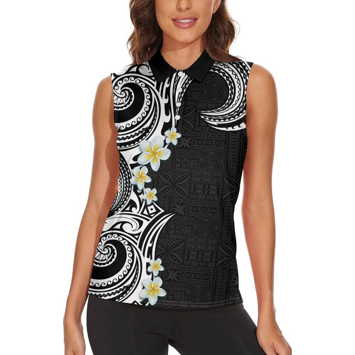 Aloha Polynesian Plumeria Flower Women Sleeveless Polo Shirt Black White Color