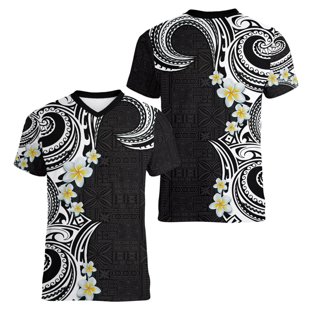 Aloha Polynesian Plumeria Flower Women V-Neck T-Shirt Black White Color