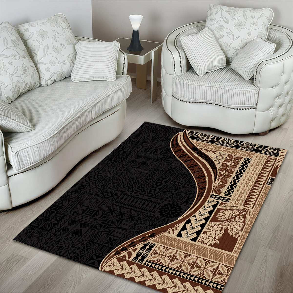 Samoa Siapo Motif and Tapa Pattern Half Style Area Rug Beige Color