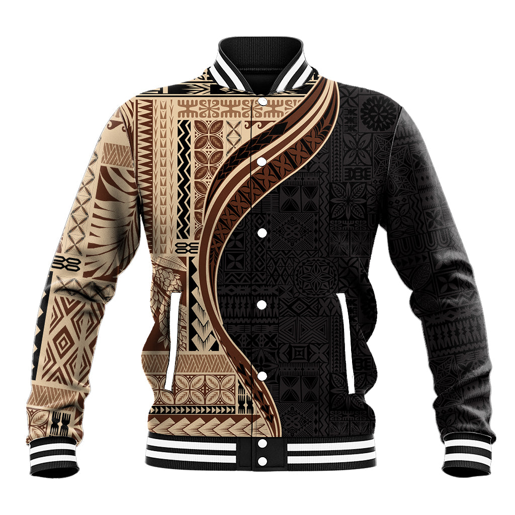 Samoa Siapo Motif and Tapa Pattern Half Style Baseball Jacket Beige Color LT03 Unisex Beige - Polynesian Pride