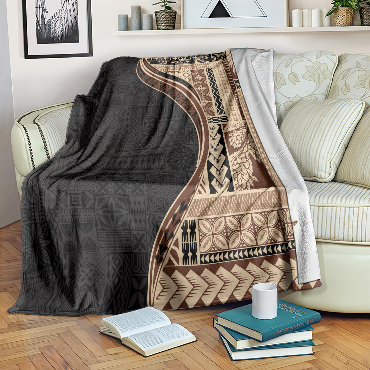 Samoa Siapo Motif and Tapa Pattern Half Style Blanket Beige Color LT03 Beige - Polynesian Pride