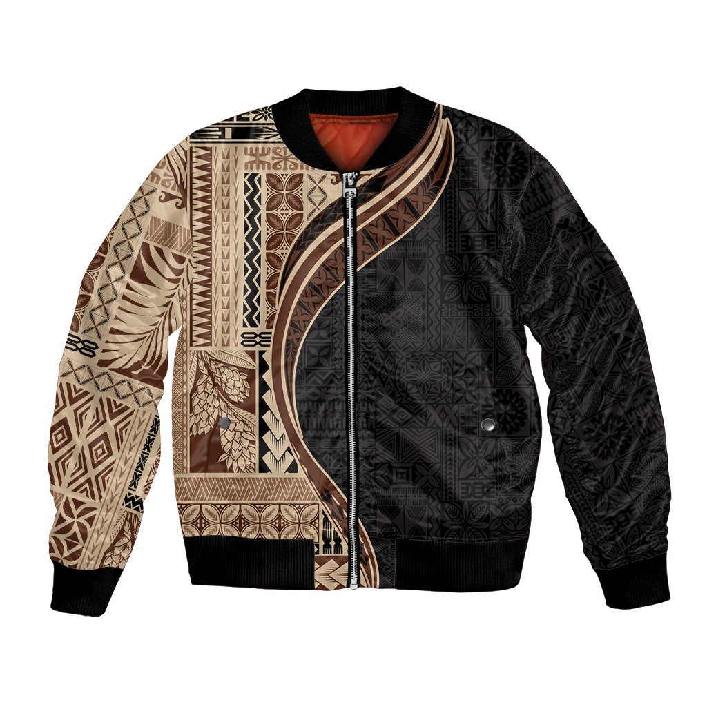 Samoa Siapo Motif and Tapa Pattern Half Style Bomber Jacket Beige Color LT03 Unisex Beige - Polynesian Pride