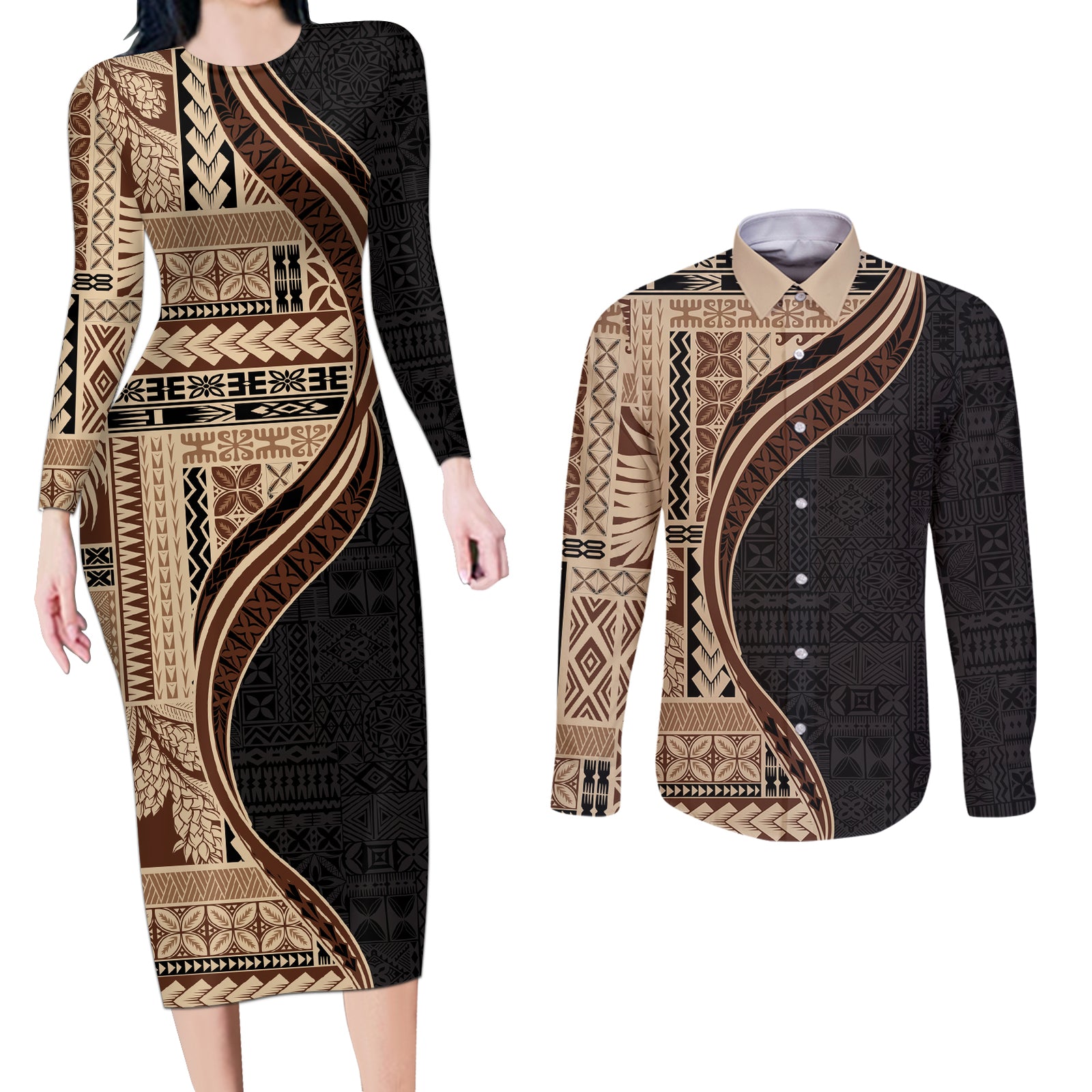 Samoa Siapo Motif and Tapa Pattern Half Style Couples Matching Long Sleeve Bodycon Dress and Long Sleeve Button Shirt Beige Color LT03 Beige - Polynesian Pride