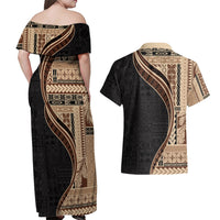 Samoa Siapo Motif and Tapa Pattern Half Style Couples Matching Off Shoulder Maxi Dress and Hawaiian Shirt Beige Color