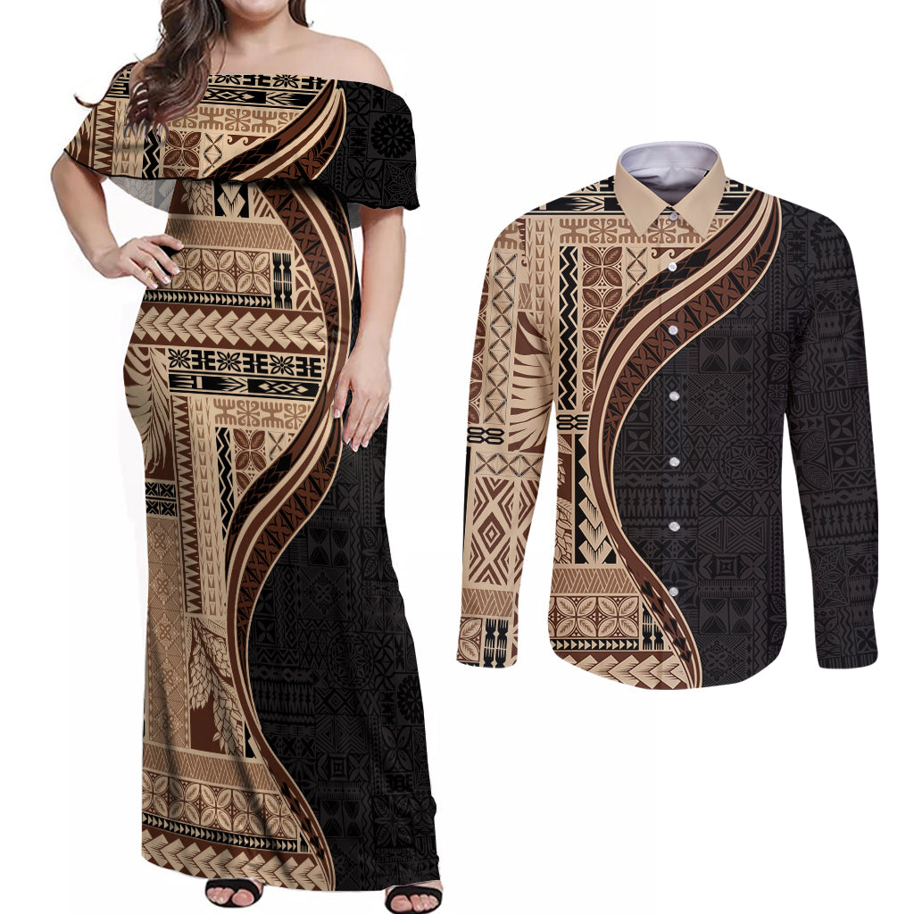 Samoa Siapo Motif and Tapa Pattern Half Style Couples Matching Off Shoulder Maxi Dress and Long Sleeve Button Shirt Beige Color LT03 Beige - Polynesian Pride