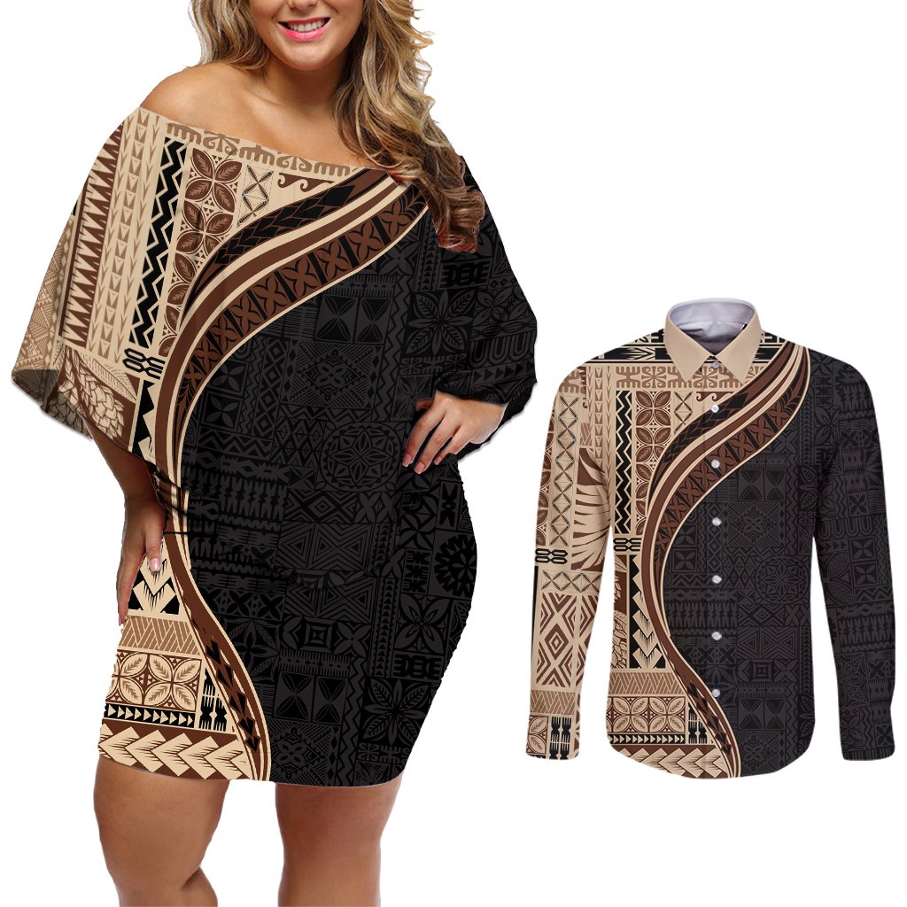 Samoa Siapo Motif and Tapa Pattern Half Style Couples Matching Off Shoulder Short Dress and Long Sleeve Button Shirt Beige Color LT03 Beige - Polynesian Pride