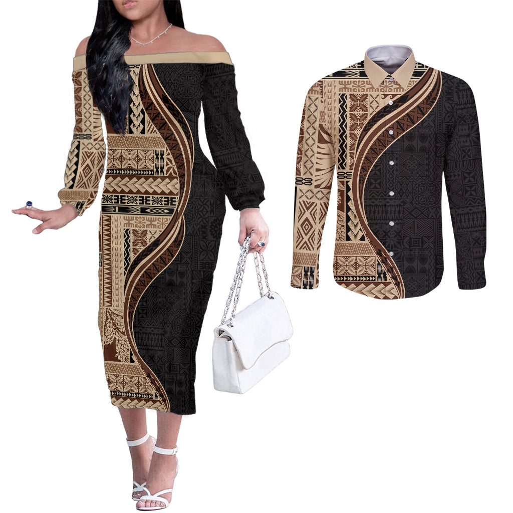Samoa Siapo Motif and Tapa Pattern Half Style Couples Matching Off The Shoulder Long Sleeve Dress and Long Sleeve Button Shirt Beige Color LT03 Beige - Polynesian Pride