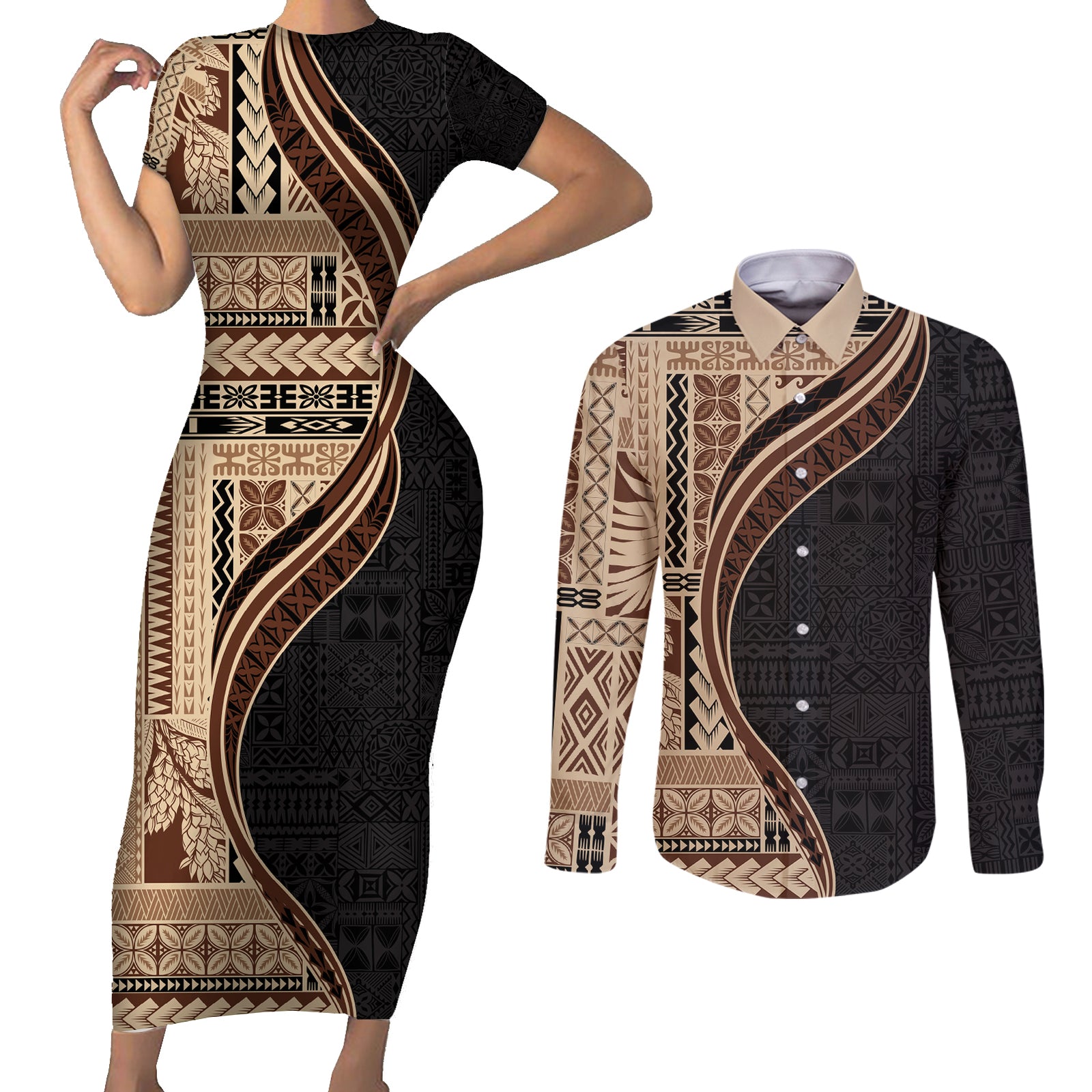 Samoa Siapo Motif and Tapa Pattern Half Style Couples Matching Short Sleeve Bodycon Dress and Long Sleeve Button Shirt Beige Color LT03 Beige - Polynesian Pride