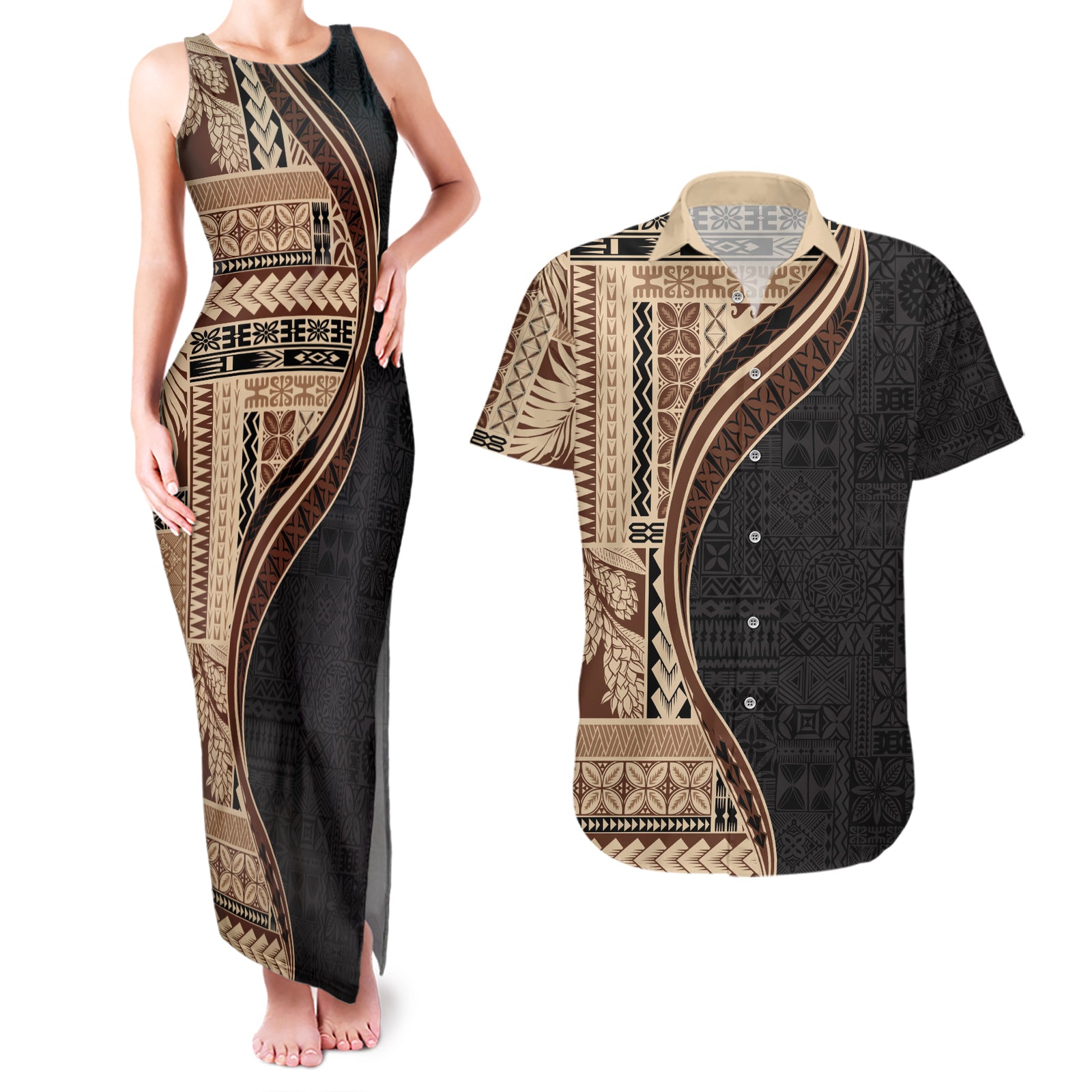 Samoa Siapo Motif and Tapa Pattern Half Style Couples Matching Tank Maxi Dress and Hawaiian Shirt Beige Color LT03 Beige - Polynesian Pride