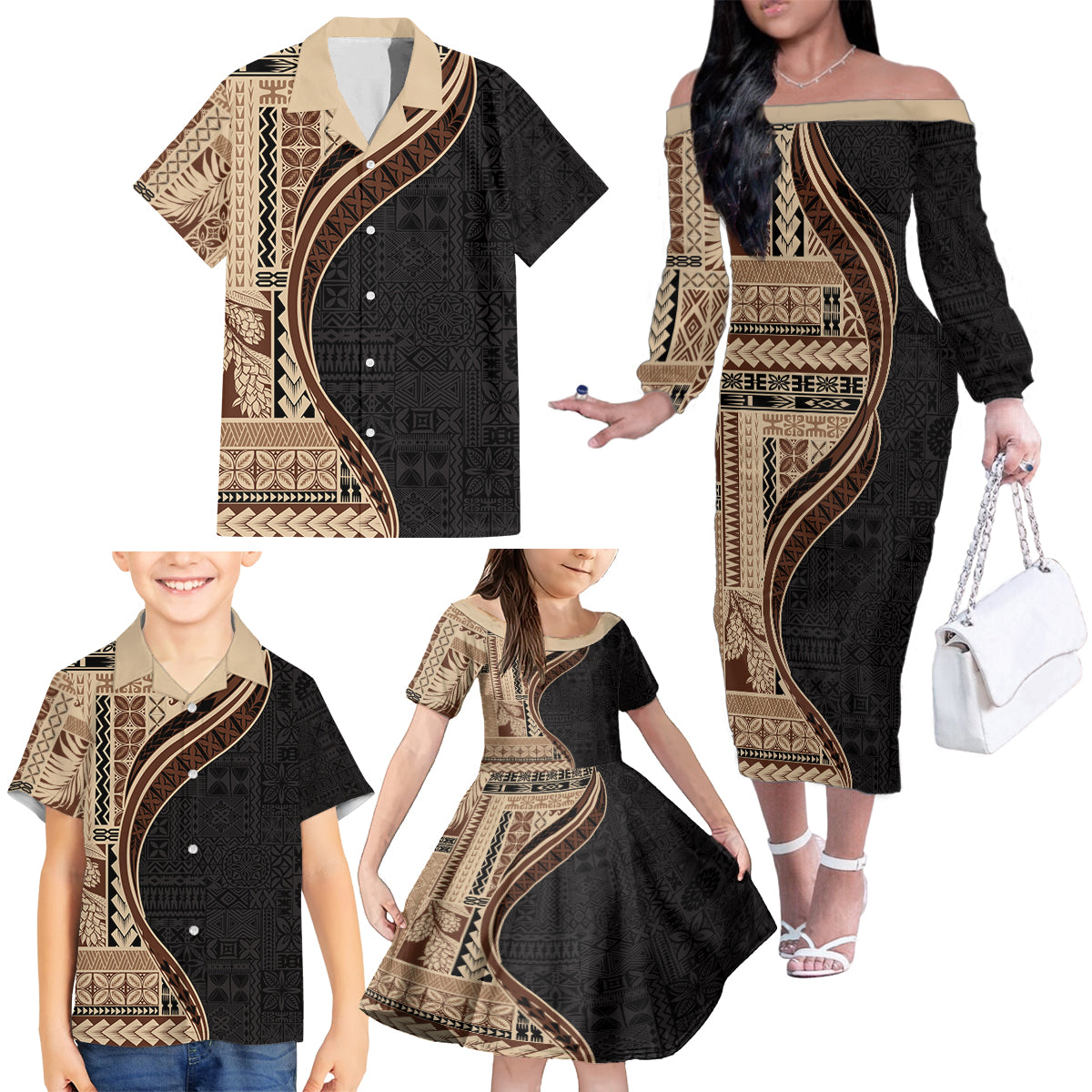 Samoa Siapo Motif and Tapa Pattern Half Style Family Matching Off The Shoulder Long Sleeve Dress and Hawaiian Shirt Beige Color LT03 - Polynesian Pride