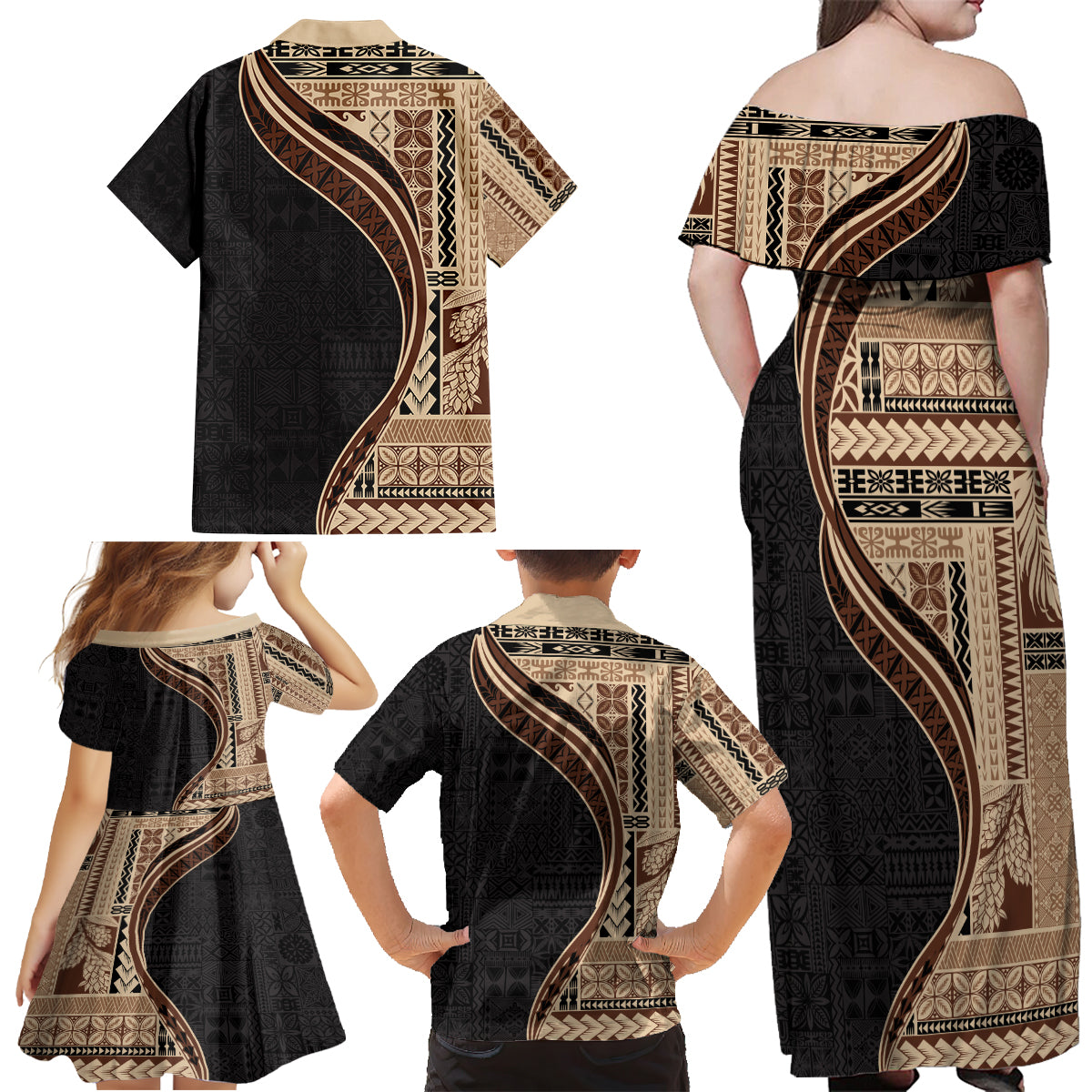 Samoa Siapo Motif and Tapa Pattern Half Style Family Matching Off Shoulder Maxi Dress and Hawaiian Shirt Beige Color
