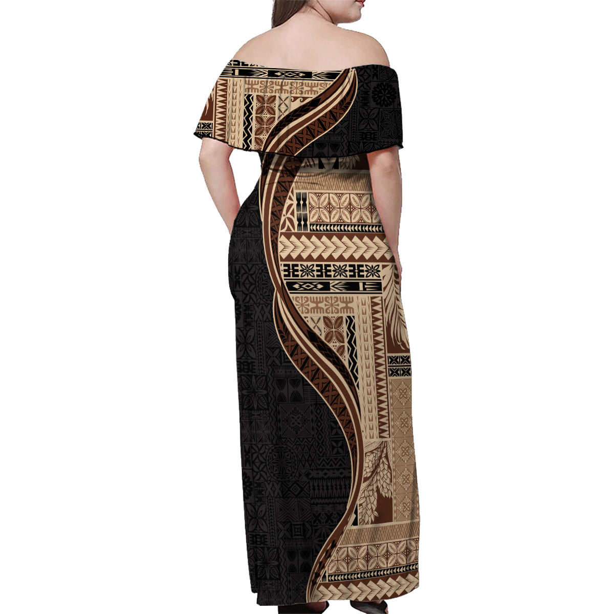 Samoa Siapo Motif and Tapa Pattern Half Style Family Matching Off Shoulder Maxi Dress and Hawaiian Shirt Beige Color