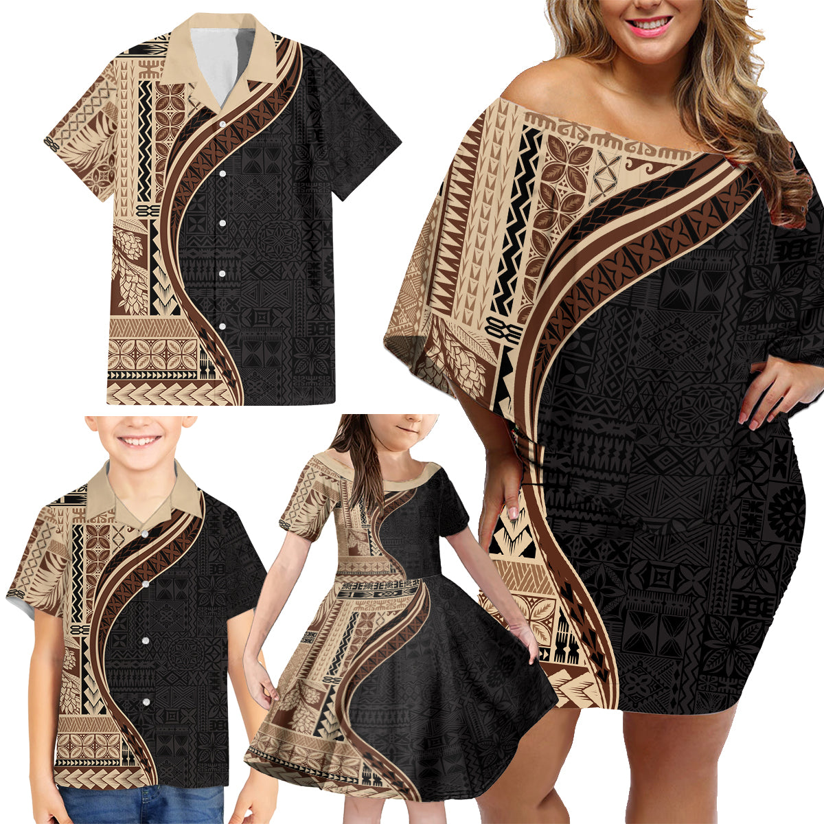 Samoa Siapo Motif and Tapa Pattern Half Style Family Matching Off Shoulder Short Dress and Hawaiian Shirt Beige Color