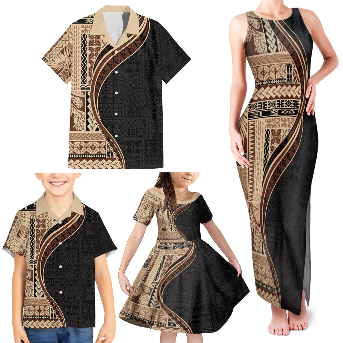 Samoa Siapo Motif and Tapa Pattern Half Style Family Matching Tank Maxi Dress and Hawaiian Shirt Beige Color LT03 - Polynesian Pride