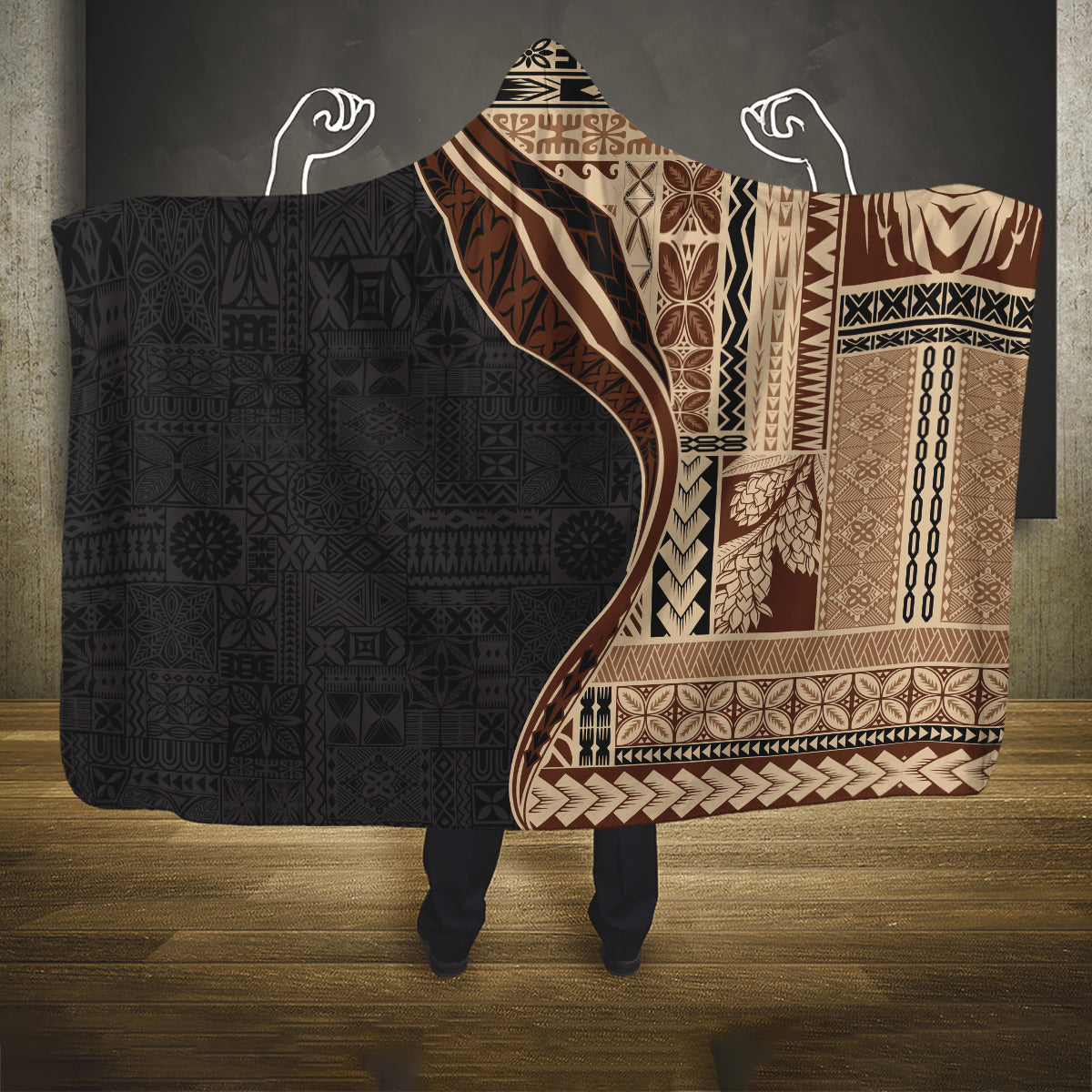 Samoa Siapo Motif and Tapa Pattern Half Style Hooded Blanket Beige Color LT03 One Size Beige - Polynesian Pride