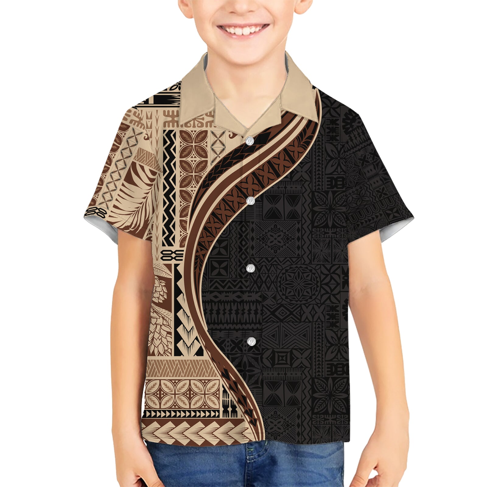 Samoa Siapo Motif and Tapa Pattern Half Style Kid Hawaiian Shirt Beige Color LT03 Kid Beige - Polynesian Pride
