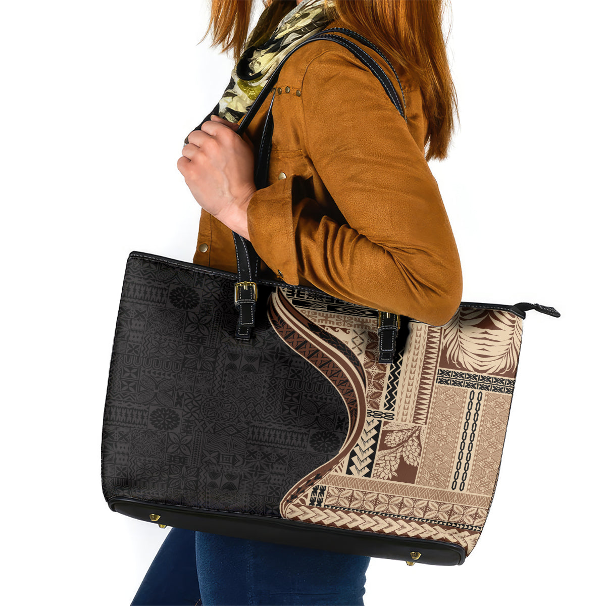 Samoa Siapo Motif and Tapa Pattern Half Style Leather Tote Bag Beige Color LT03 Beige - Polynesian Pride