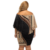 Samoa Siapo Motif and Tapa Pattern Half Style Off Shoulder Short Dress Beige Color