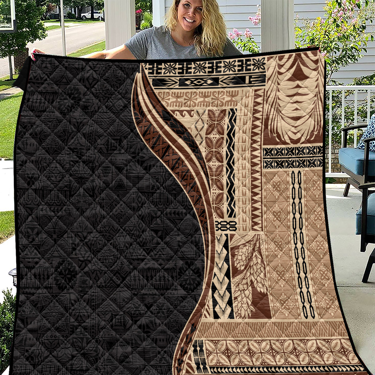 Samoa Siapo Motif and Tapa Pattern Half Style Quilt Beige Color LT03 Beige - Polynesian Pride