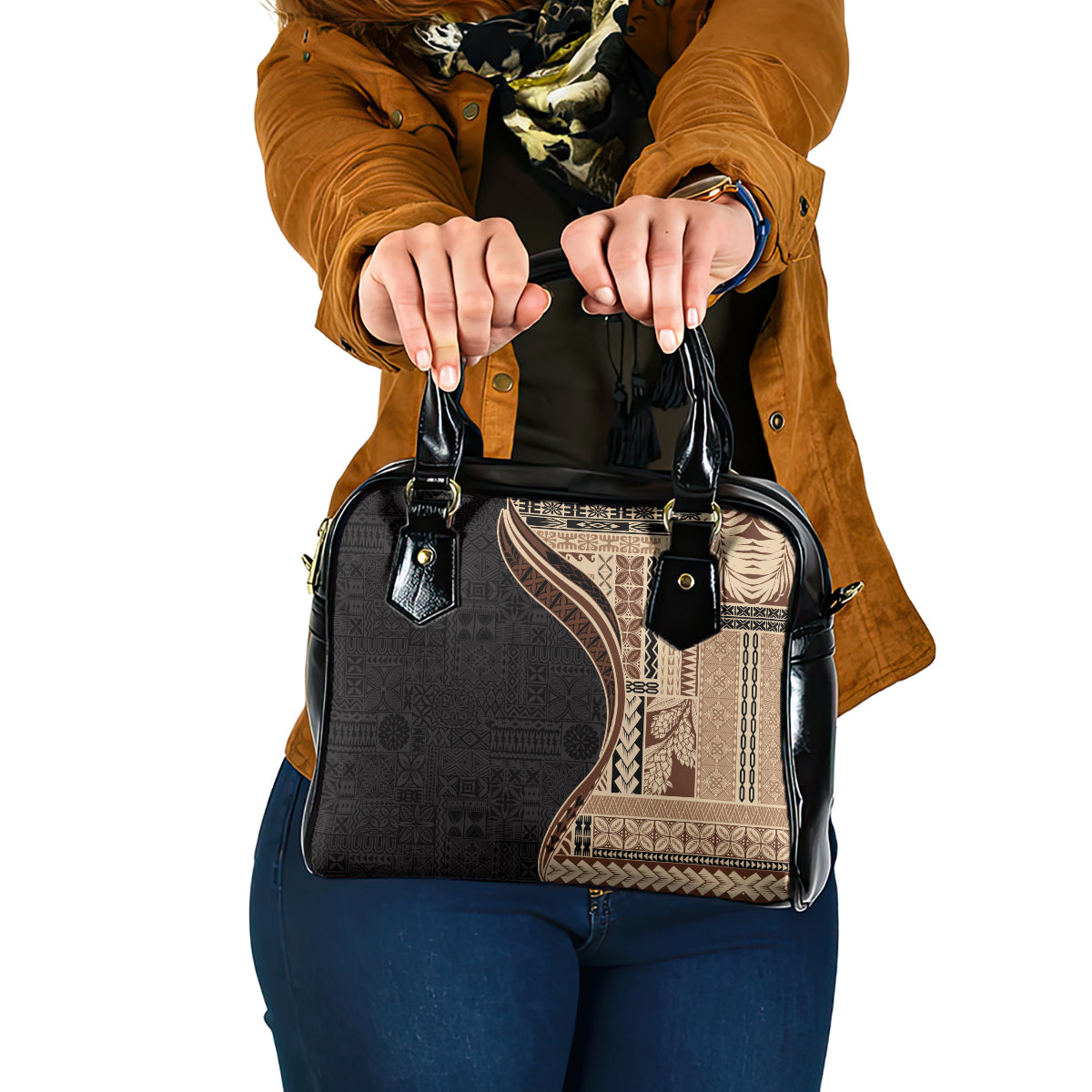 Samoa Siapo Motif and Tapa Pattern Half Style Shoulder Handbag Beige Color LT03 One Size Beige - Polynesian Pride