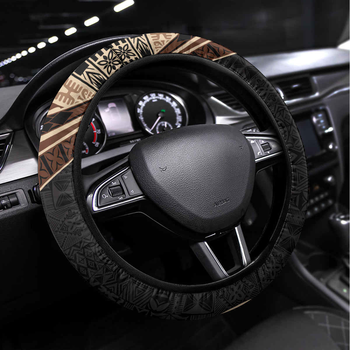 Samoa Siapo Motif and Tapa Pattern Half Style Steering Wheel Cover Beige Color LT03 Universal Fit Beige - Polynesian Pride