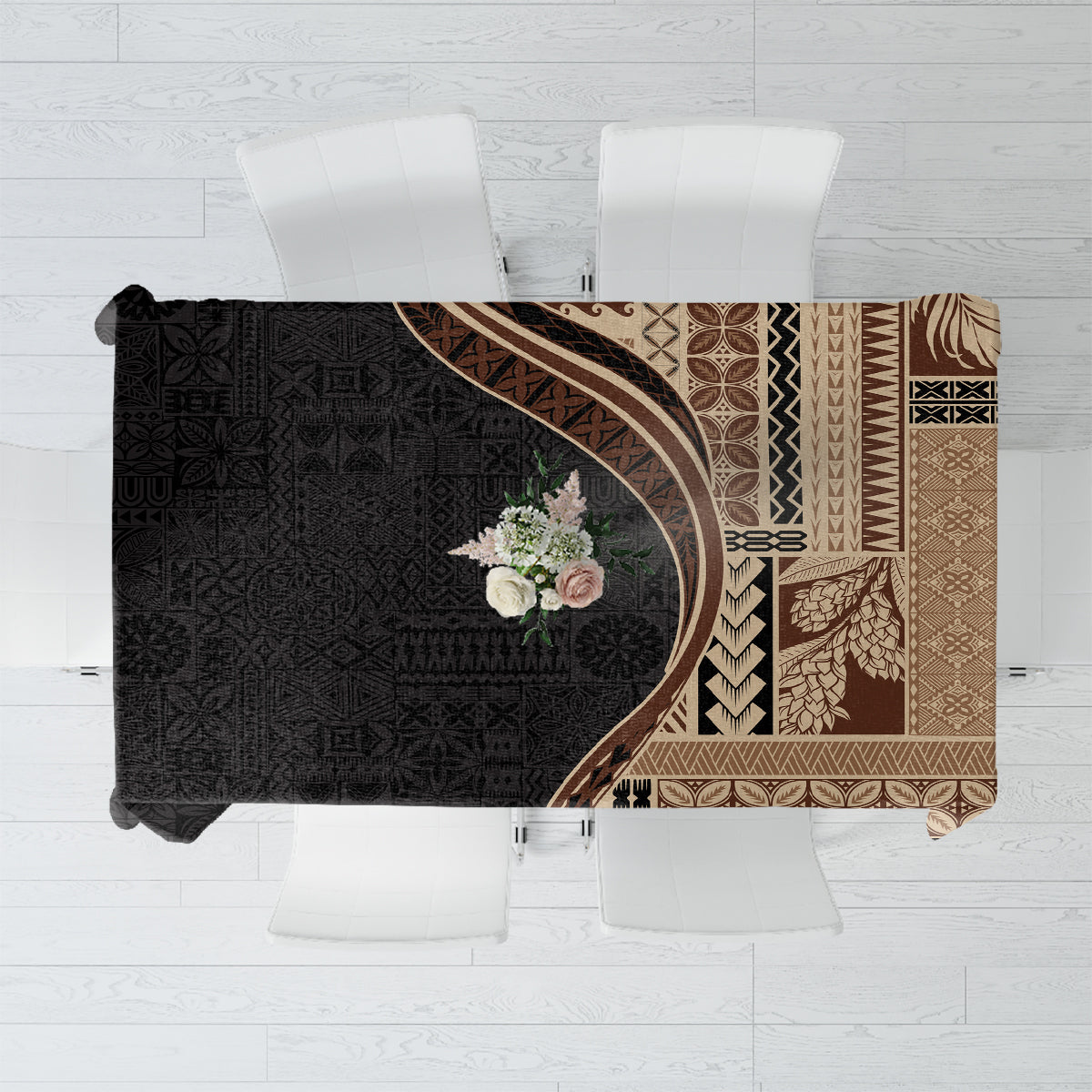 Samoa Siapo Motif and Tapa Pattern Half Style Tablecloth Beige Color LT03 Beige - Polynesian Pride